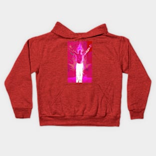 Portrait, digital collage and special processing. Shirtless man, stands. All chakras opened. Mystic. Bright, strong pink. Kids Hoodie